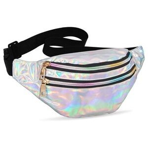 Silver shiny holographic rave fanny pack with snap closure and multiple pockets